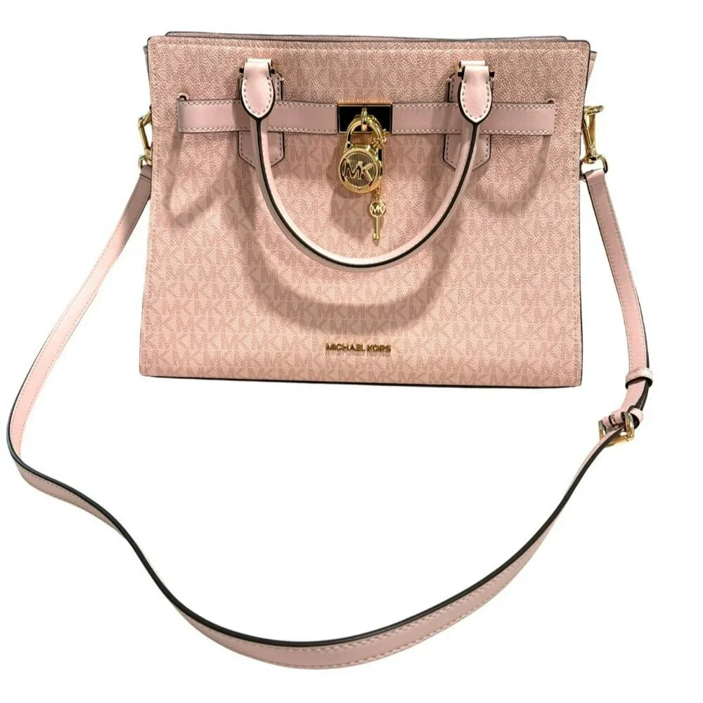 Michael Kors Bedford Pink Signature Logo Satchel Bag Gold New $398